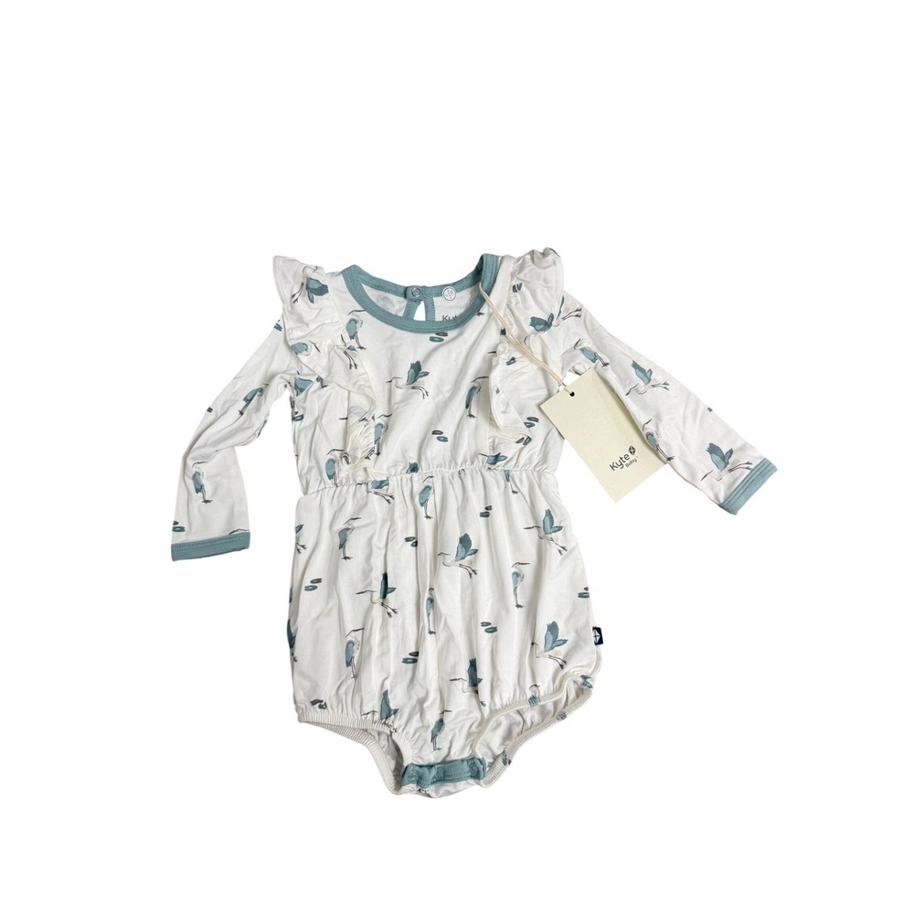 Kyte Baby Bamboo Long Sleeve Ruffle Bubble‎ Romper Heron Print White Teal 6-12M